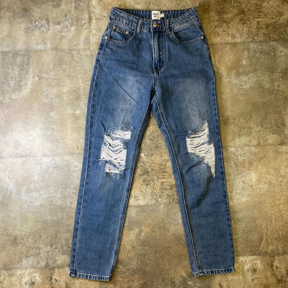 princess polly medium wash baggy straight leg denim jeans size 2